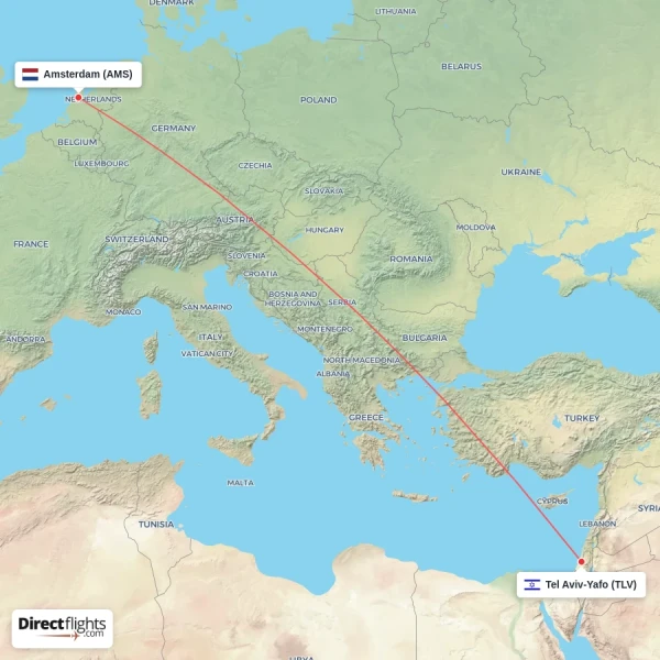Tel Aviv-Yafo - Amsterdam direct flight map
