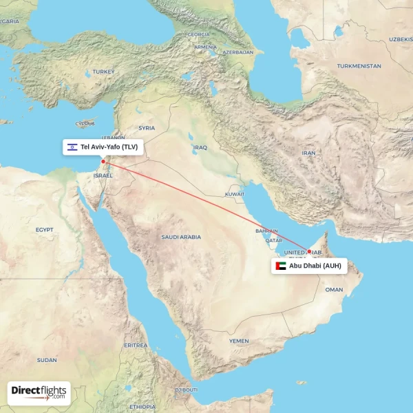 Tel Aviv-Yafo - Abu Dhabi direct flight map