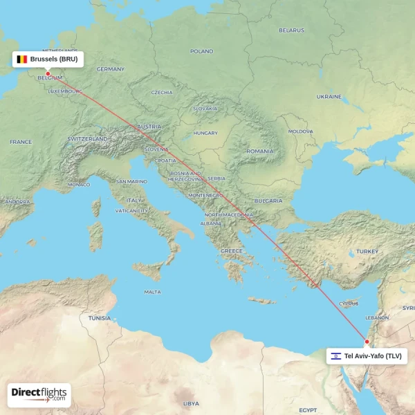 Tel Aviv-Yafo - Brussels direct flight map