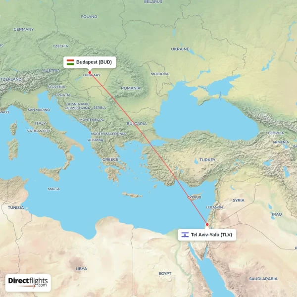 Tel Aviv-Yafo - Budapest direct flight map