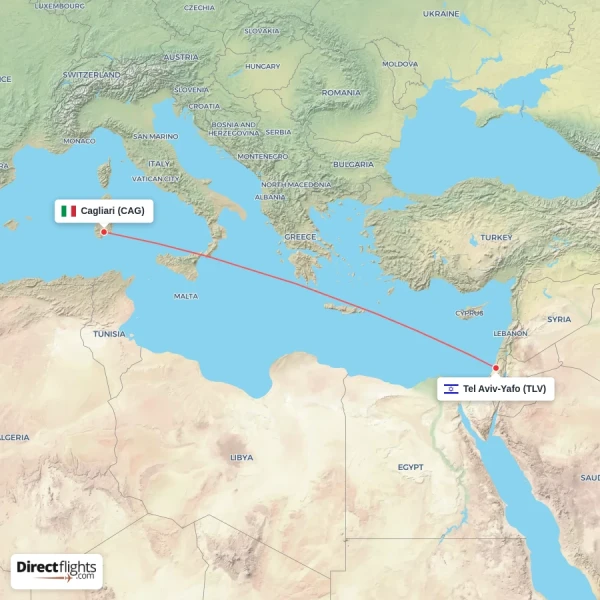 Tel Aviv-Yafo - Cagliari direct flight map