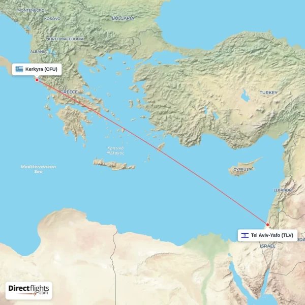 Tel Aviv-Yafo - Kerkyra direct flight map