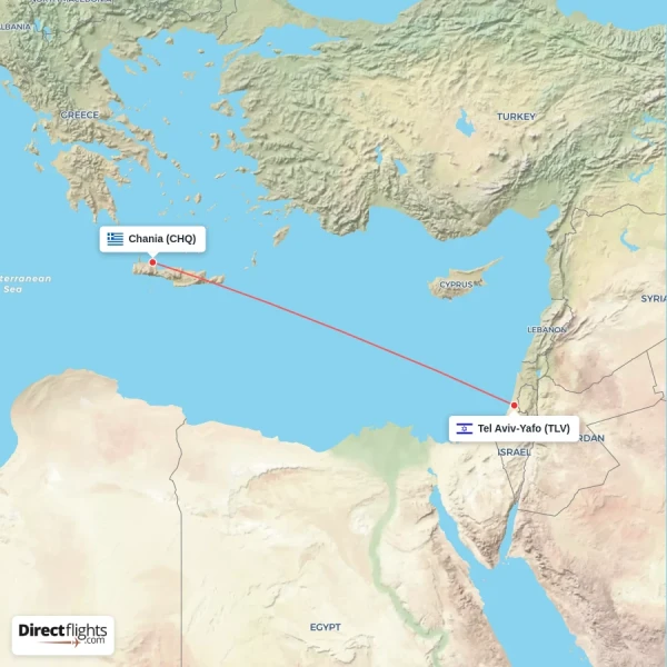 Tel Aviv-Yafo - Chania direct flight map