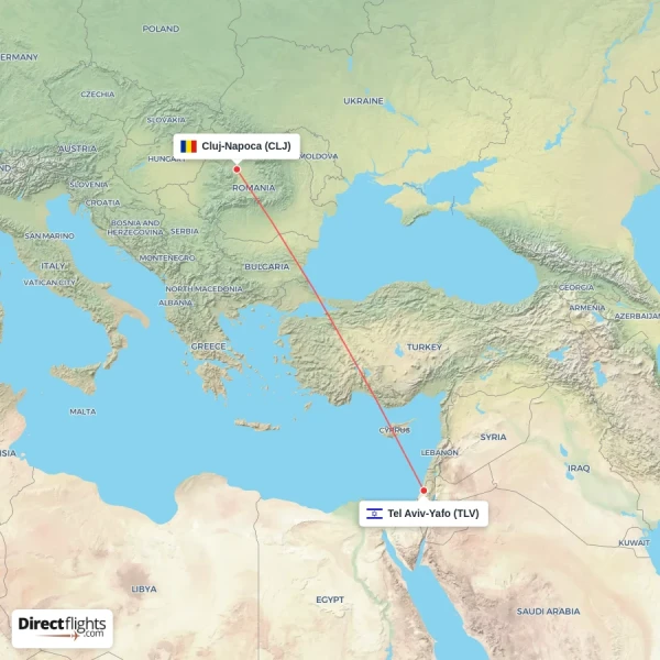 Tel Aviv-Yafo - Cluj-Napoca direct flight map