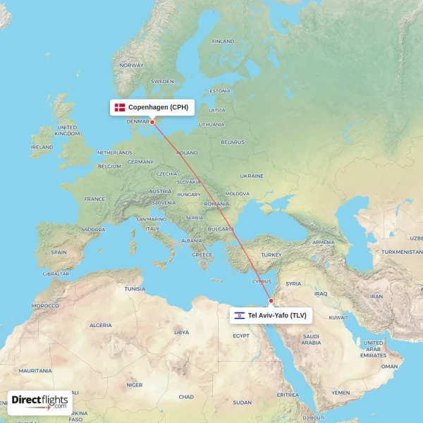 Tel Aviv-Yafo - Copenhagen direct flight map
