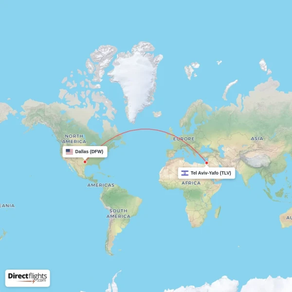 Tel Aviv-Yafo - Dallas direct flight map