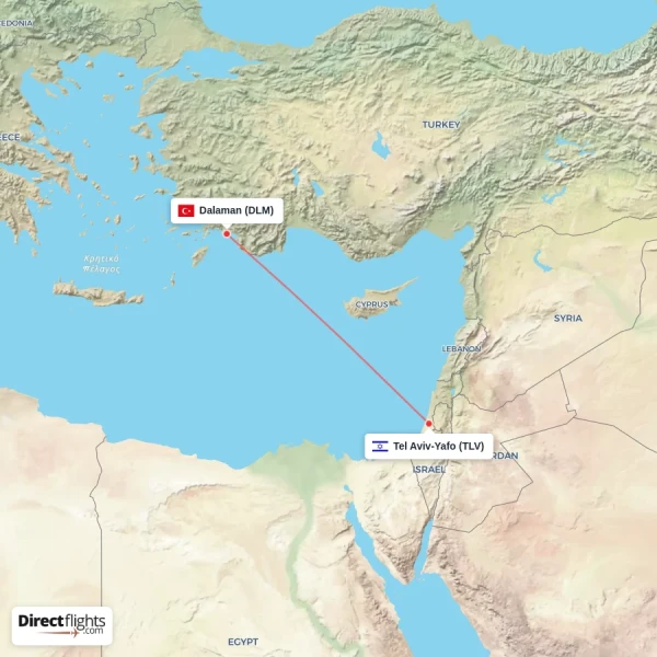 Tel Aviv-Yafo - Dalaman direct flight map
