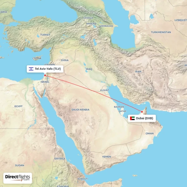 Tel Aviv-Yafo - Dubai direct flight map