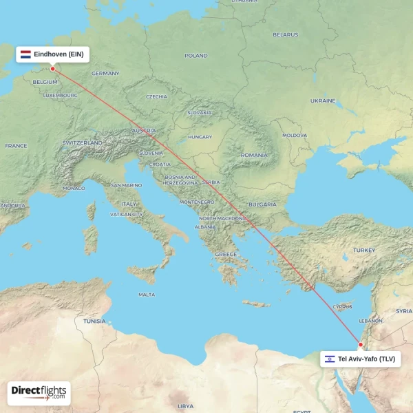 Tel Aviv-Yafo - Eindhoven direct flight map
