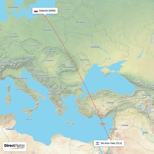 Tel Aviv-Yafo - Gdansk direct flight map