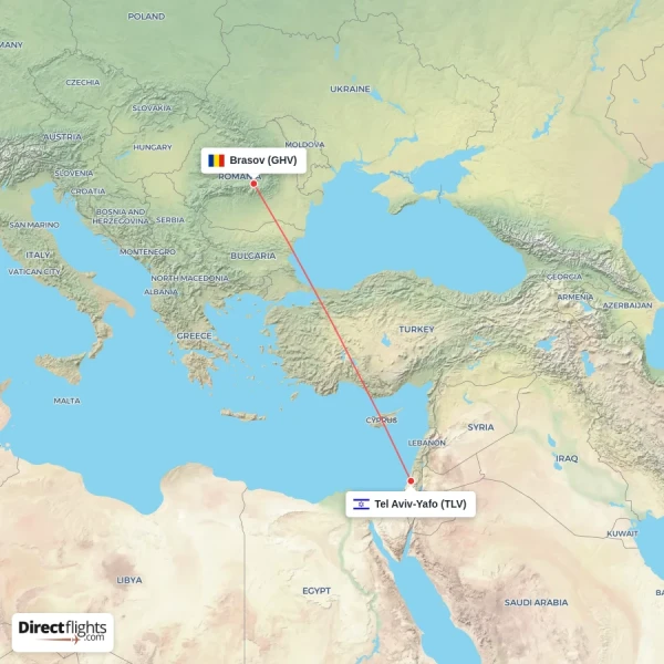 Tel Aviv-Yafo - Brasov direct flight map