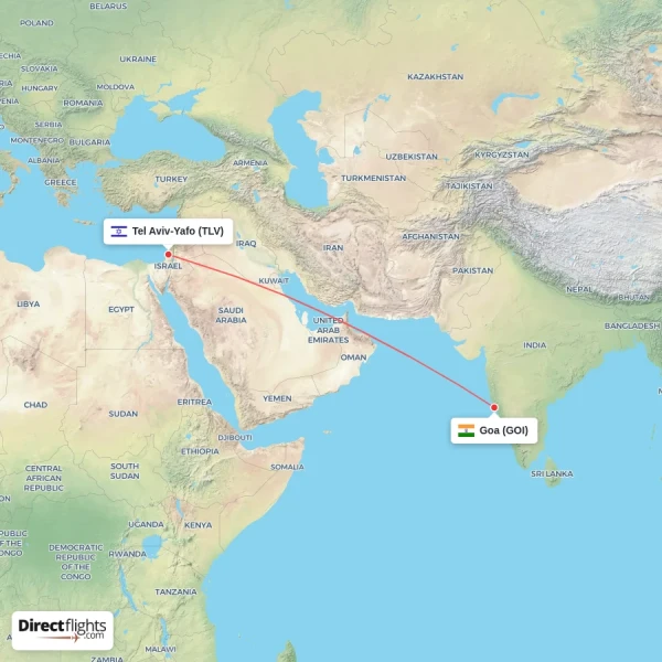 Tel Aviv-Yafo - Goa direct flight map