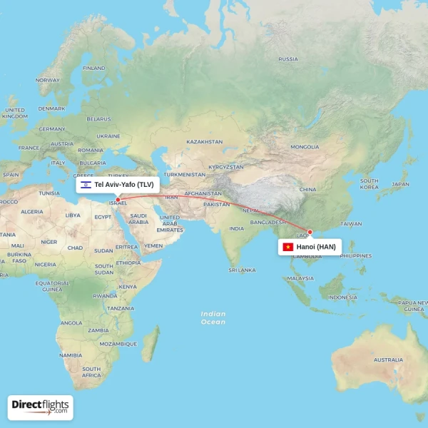 Tel Aviv-Yafo - Hanoi direct flight map