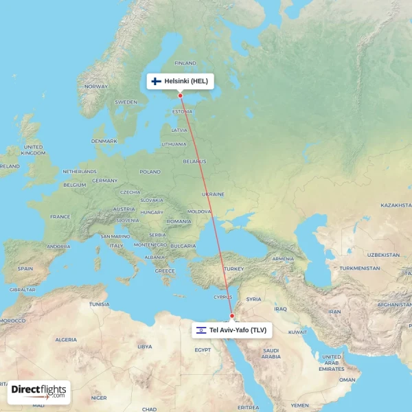 Tel Aviv-Yafo - Helsinki direct flight map