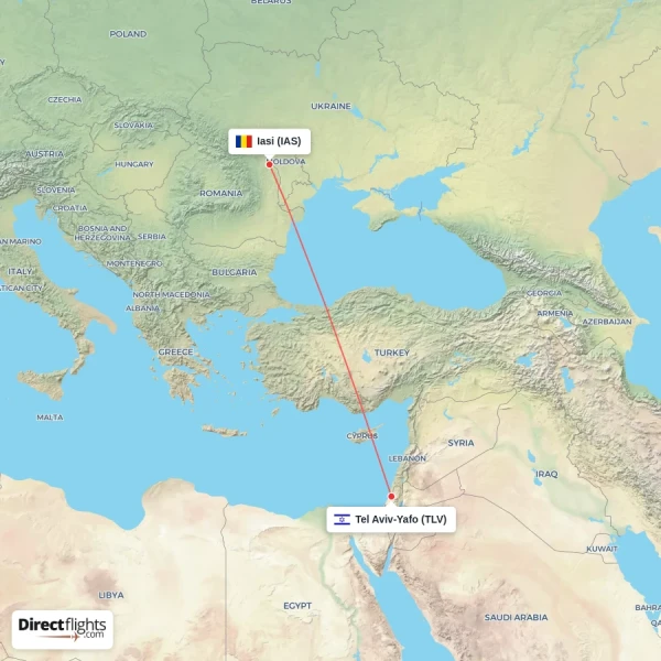Tel Aviv-Yafo - Iasi direct flight map