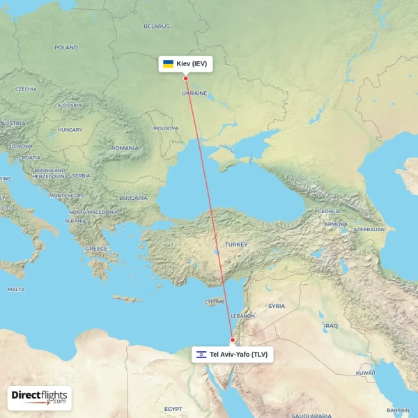 Tel Aviv-Yafo - Kiev direct flight map