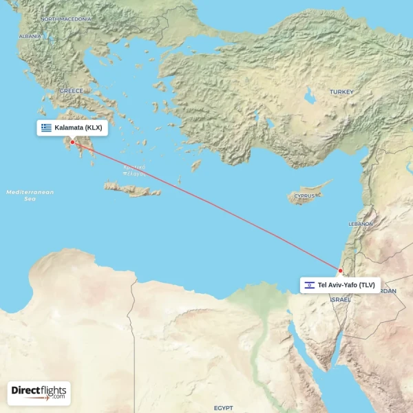 Tel Aviv-Yafo - Kalamata direct flight map