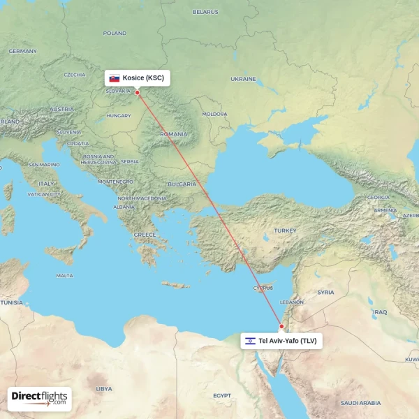 Tel Aviv-Yafo - Kosice direct flight map