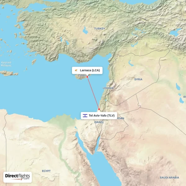Tel Aviv-Yafo - Larnaca direct flight map