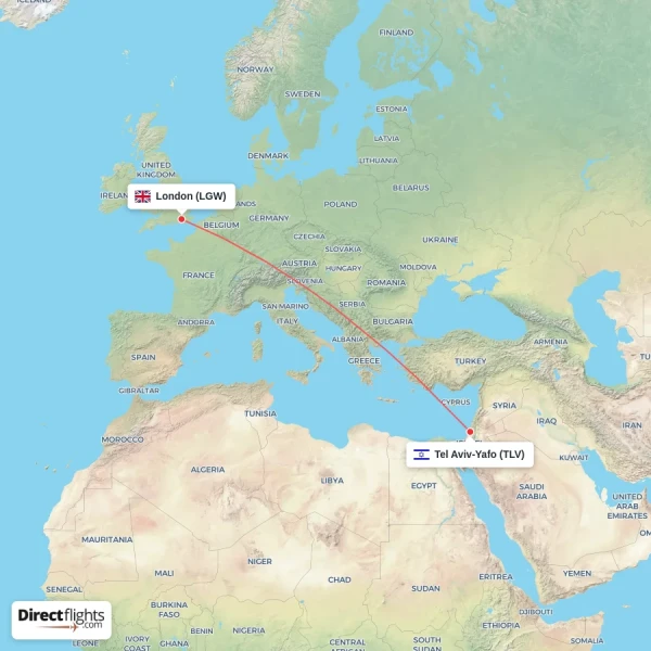 Tel Aviv-Yafo - London direct flight map