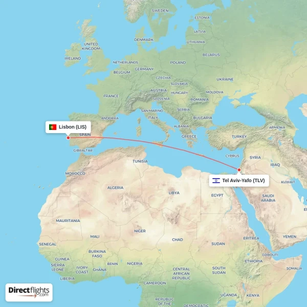Tel Aviv-Yafo - Lisbon direct flight map