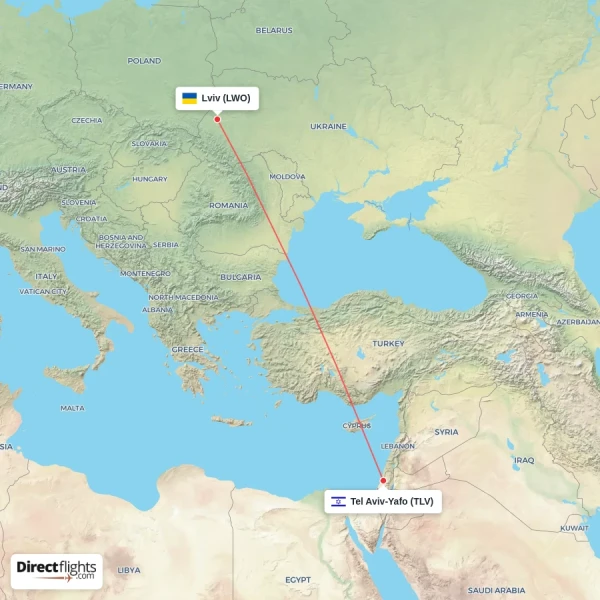 Tel Aviv-Yafo - Lviv direct flight map