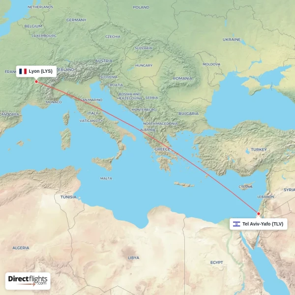 Tel Aviv-Yafo - Lyon direct flight map