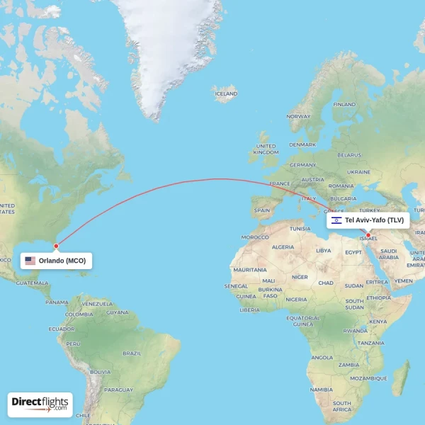 Tel Aviv-Yafo - Orlando direct flight map