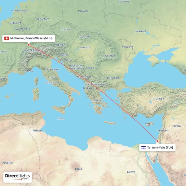 Tel Aviv-Yafo - Mulhouse, France/Basel direct flight map