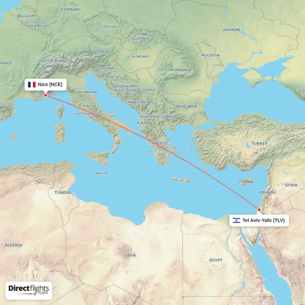 Tel Aviv-Yafo - Nice direct flight map