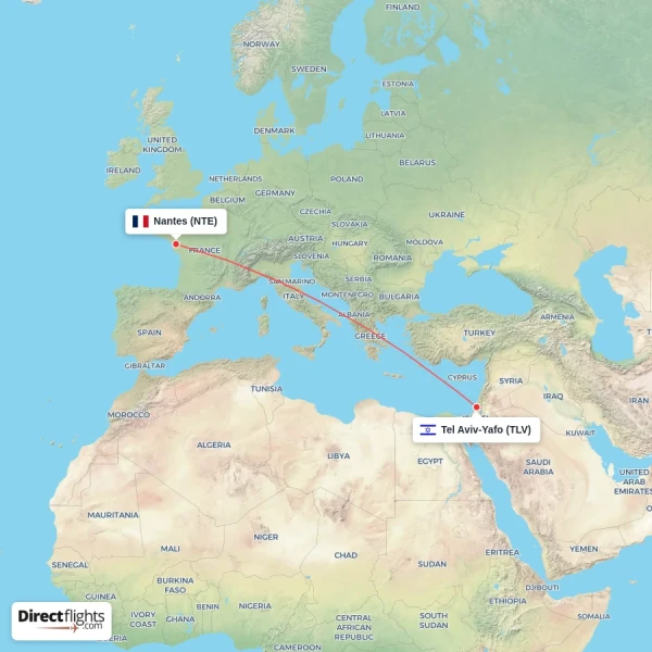 Tel Aviv-Yafo - Nantes direct flight map