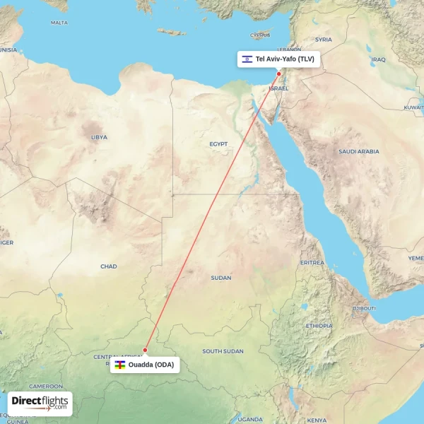 Tel Aviv-Yafo - Ouadda direct flight map