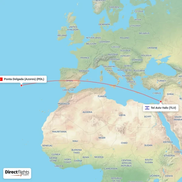 Tel Aviv-Yafo - Ponta Delgada (Azores) direct flight map