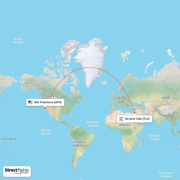Tel Aviv-Yafo - San Francisco direct flight map