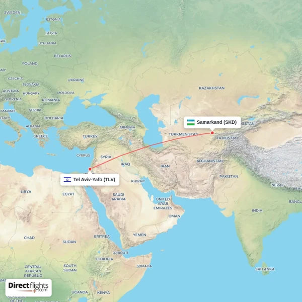Tel Aviv-Yafo - Samarkand direct flight map