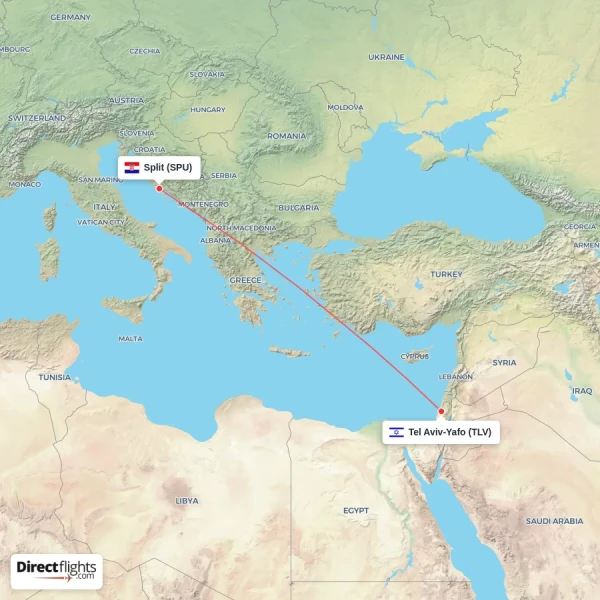 Tel Aviv-Yafo - Split direct flight map