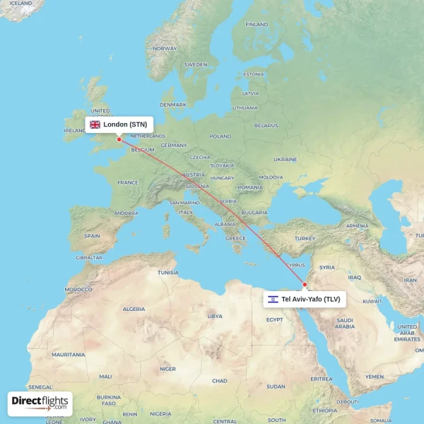 Tel Aviv-Yafo - London direct flight map