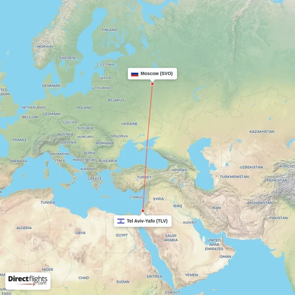 Tel Aviv-Yafo - Moscow direct flight map