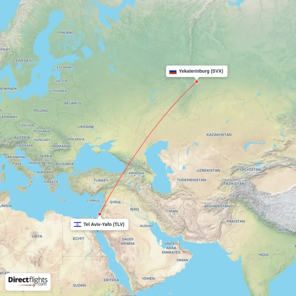 Tel Aviv-Yafo - Yekaterinburg direct flight map