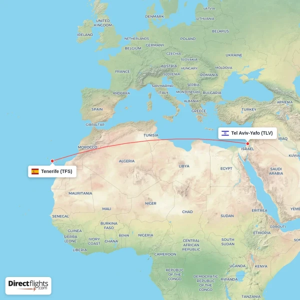 Tel Aviv-Yafo - Tenerife direct flight map
