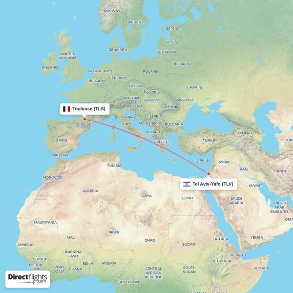 Tel Aviv-Yafo - Toulouse direct flight map