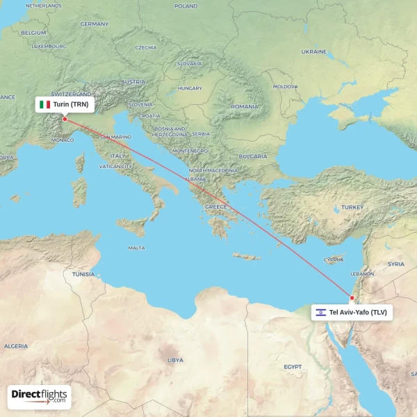 Tel Aviv-Yafo - Turin direct flight map