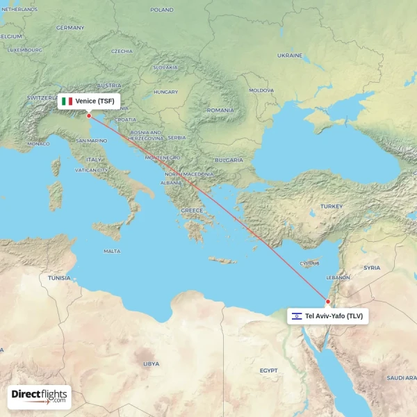 Tel Aviv-Yafo - Venice direct flight map