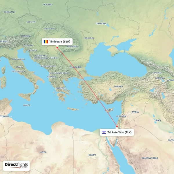 Tel Aviv-Yafo - Timisoara direct flight map
