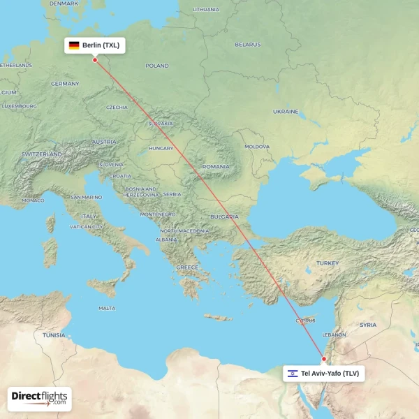 Tel Aviv-Yafo - Berlin direct flight map