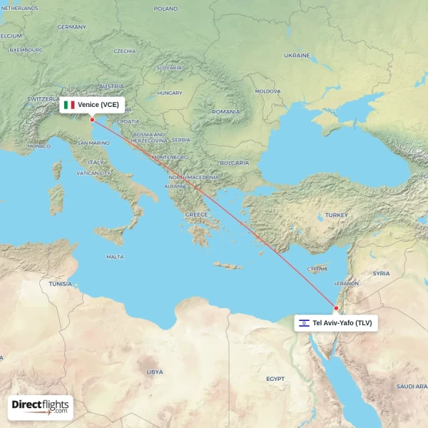 Tel Aviv-Yafo - Venice direct flight map