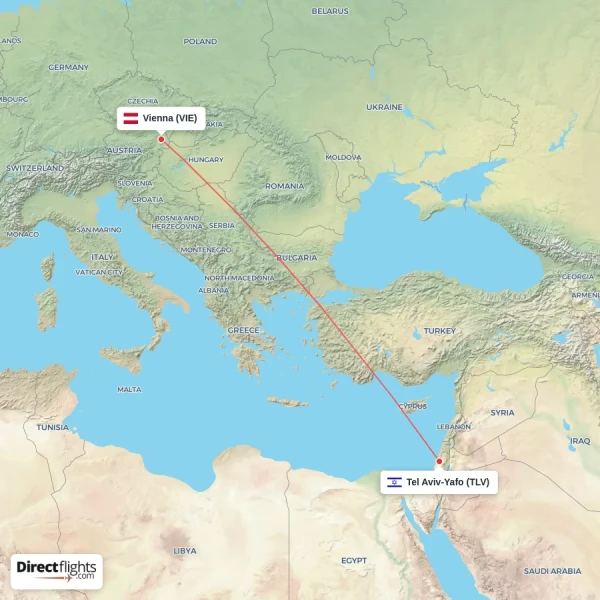 Tel Aviv-Yafo - Vienna direct flight map