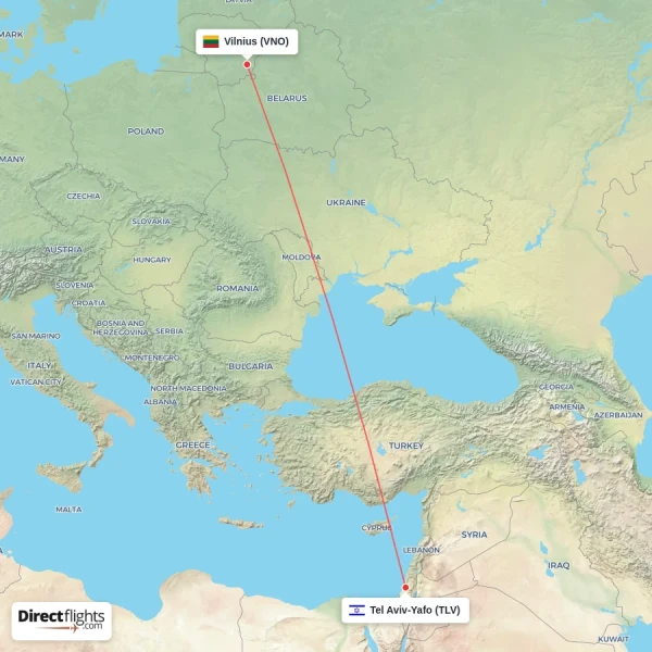 Tel Aviv-Yafo - Vilnius direct flight map