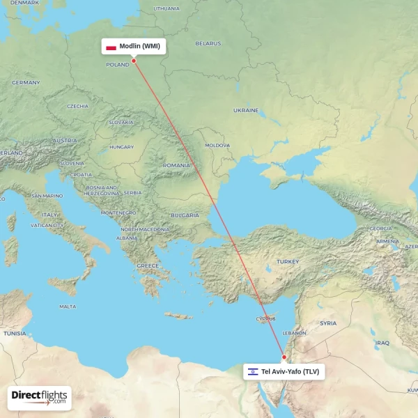 Tel Aviv-Yafo - Modlin direct flight map