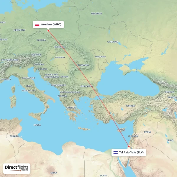 Tel Aviv-Yafo - Wroclaw direct flight map